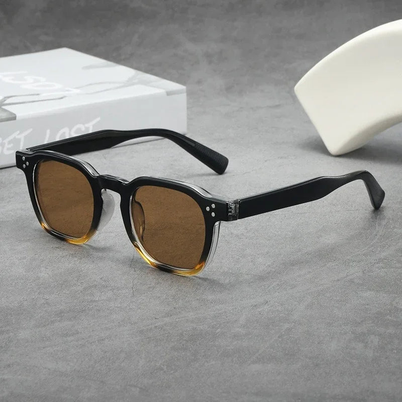 JNPCXI Fashion Square Sunglasses Men Gradient Shades UV400 Vintage Rivets Women Trending Tea Sun Glasses