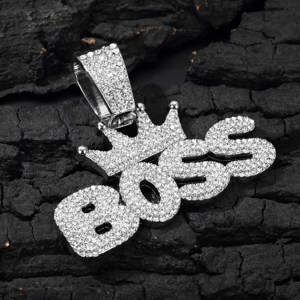 Men's Cool Hip-hop Rhinestone Letter BOSS Pendant Necklace, For Men Fashion Iced Out Bling Zircon Cuban Thick Chain Punk Jewelry