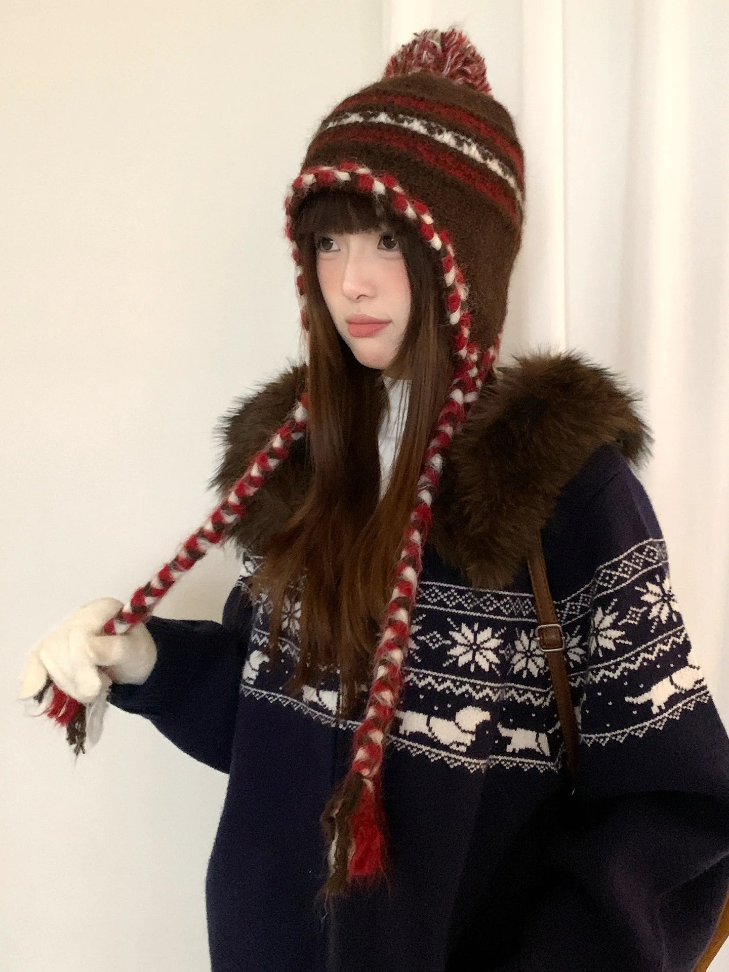 Retro Fair Lsle Colorblock Braided Wool Ball Knit Hat For Women With Wool For Winter Warm Ear Protection Lei Feng Cap