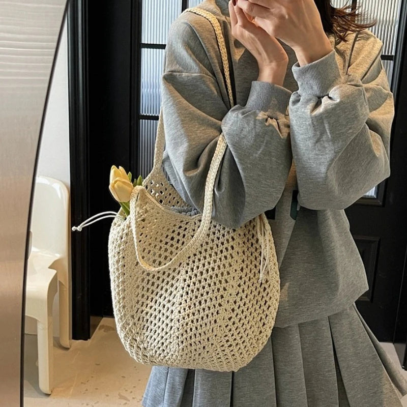 2026 Latest Summer Beach Straw Woven Tote Bag For Women 2-IN-1 Hollow-out Lightweight Large Capacity Shopper Shoulder Bag Female