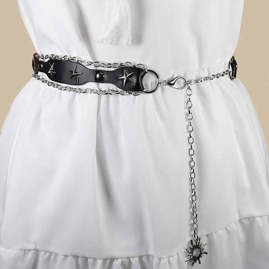 Western Cowgirl Style Pu Belt with Metal Rings - Y2K Retro Rivet Chain Waistband for Dresses & Holiday Dates