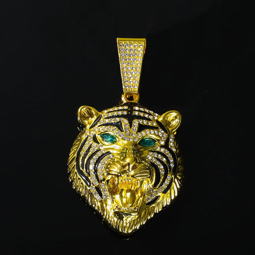 Men Hip Hop 3D Tiger Pendant Necklace with 13mm Crystal Cuban Chain Iced Out Bling Necklaces HipHop Women Fashion Charm Jewelry