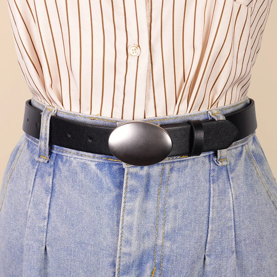 Oval Smooth Metal Buckle Belt, Black Casual Minimalist Belt, Classic Decorative Belt