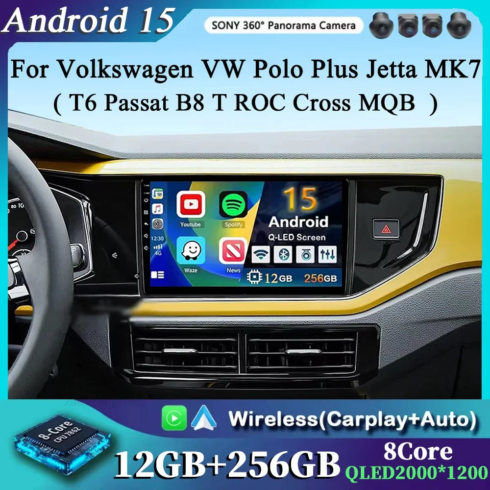 For Volkswagen VW Polo Plus Jetta MK7 T6 Passat B8 T ROC Cross MQB 2K 12+256 QLED Android 15 CarPlay Car Radio Multimedia Video
