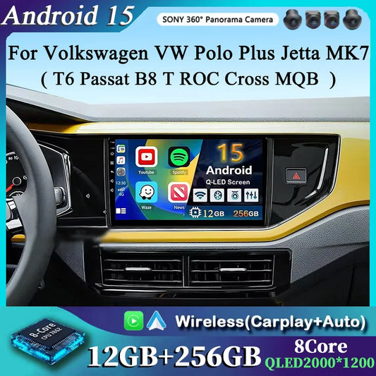 For Volkswagen VW Polo Plus Jetta MK7 T6 Passat B8 T ROC Cross MQB 2K 12+256 QLED Android 15 CarPlay Car Radio Multimedia Video