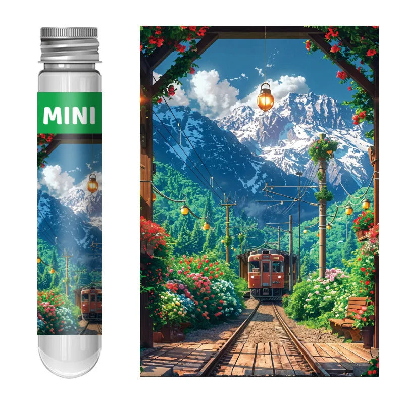 150 pieces of "Spring Train" Mini test tube puzzle, adult cartoon puzzle, children's toy mini blue card puzzle