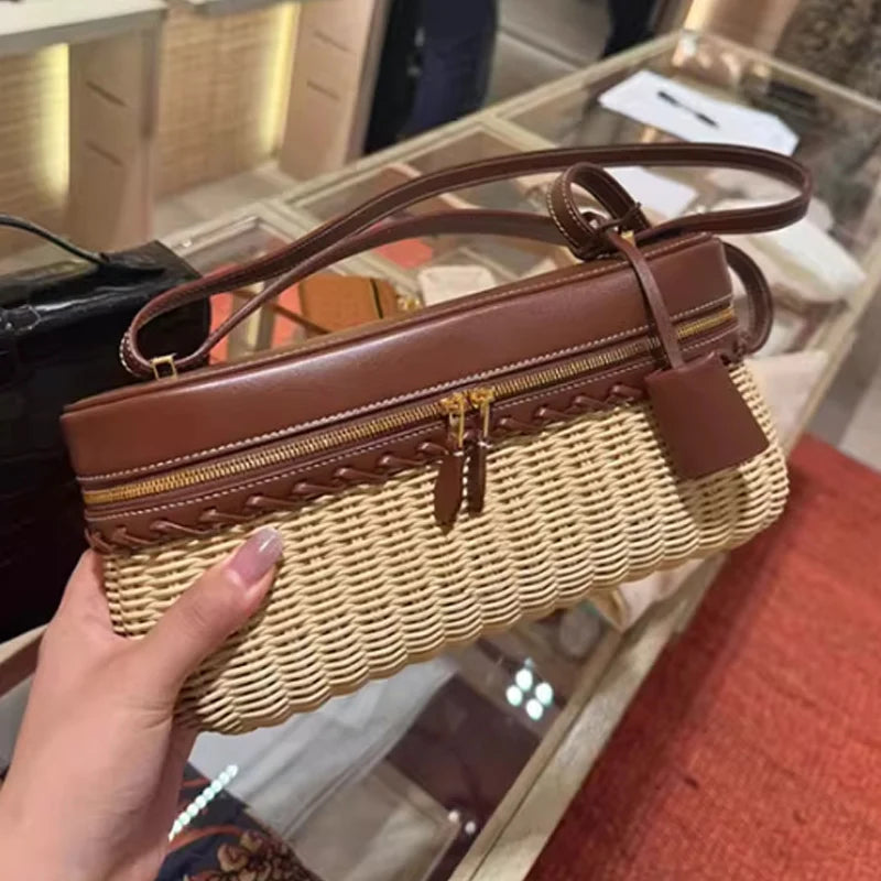 New Casual Straw Box Bag Large Capacity PU Leather Trendy Crossbody Bag Versatile Handbag Travel Bag