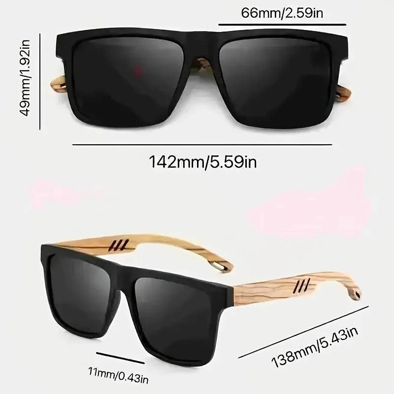 Wood Grain Spring Hinge Sunglasses Classic Retro Square Frame UV400 Unisex Comfort Fit for Daily Casual Wear