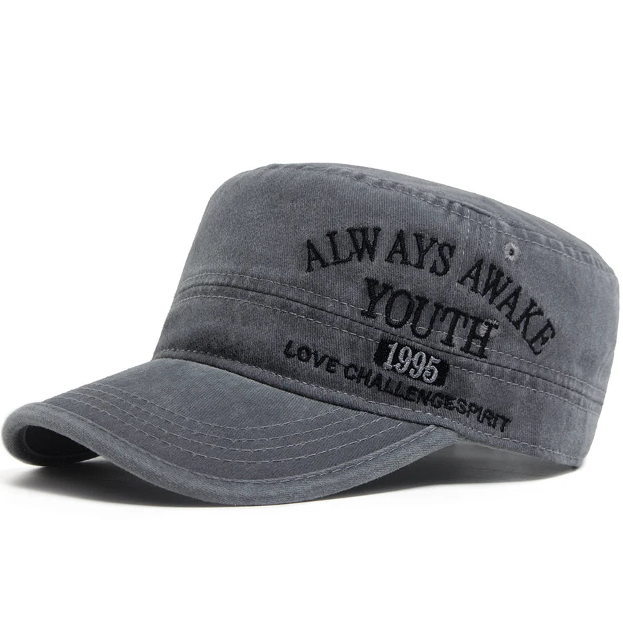 Vintage Flat Hat Men Letter Embroidery Visor Military Cap Outdoor Summer Retro Army Trucker Hats Women Baseball Caps Adjustable