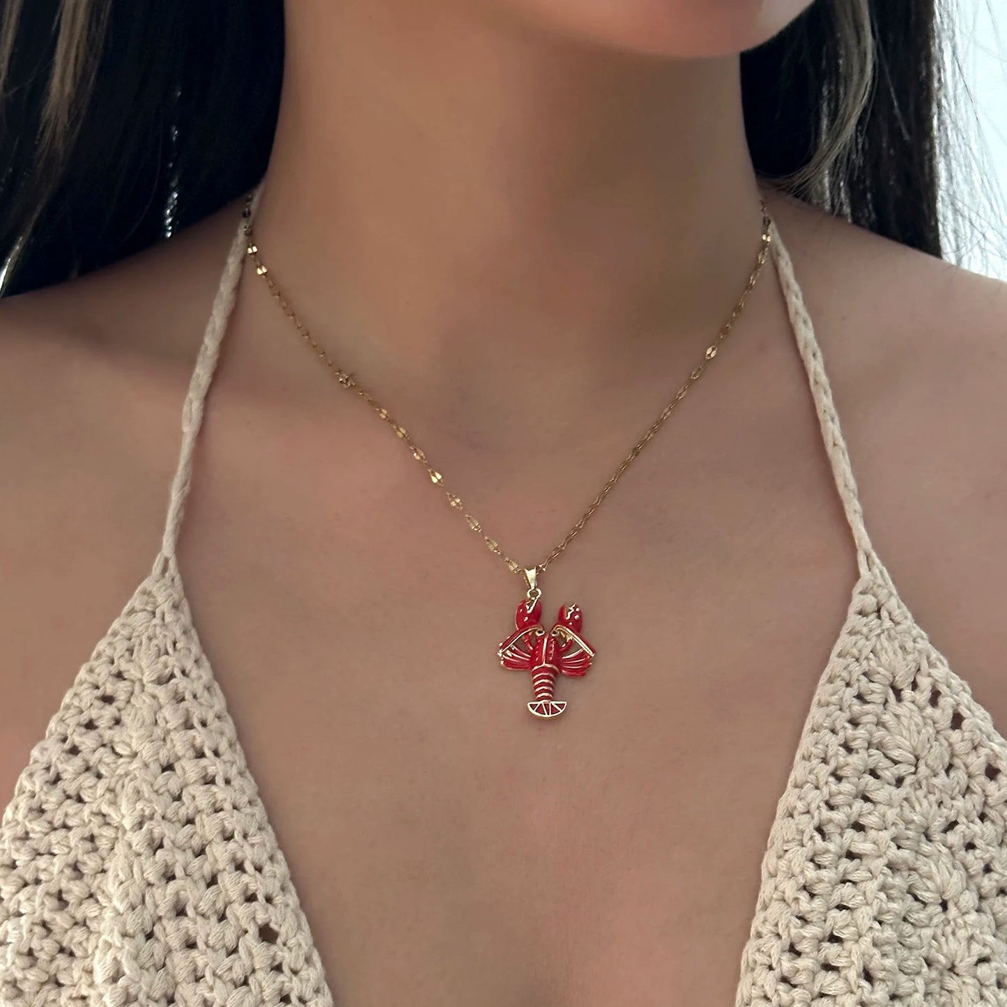 Minimalist Copper Red Enamel Lobster Pendant Necklace with Cubic Zirconia Dainty Gold Tone Chain Simple Statement Jewelry