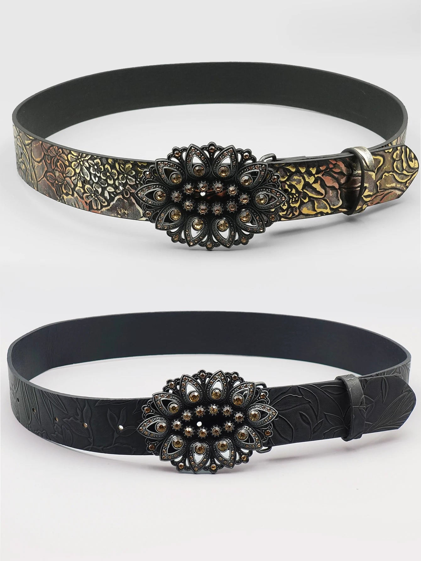 Elegant Retro Black Rhinestone Inlaid Women's Belt with Leaf Pattern Printed Belt, Classic Decoration, Fashionable Casual Belt