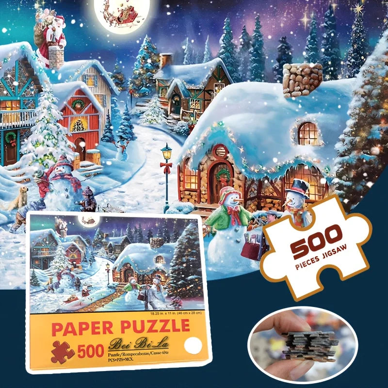 500pcs Christmas Snow House Jigsaw Puzzle - Festive Holiday Scene - 18x11 inches (46x28cm) Family Activities