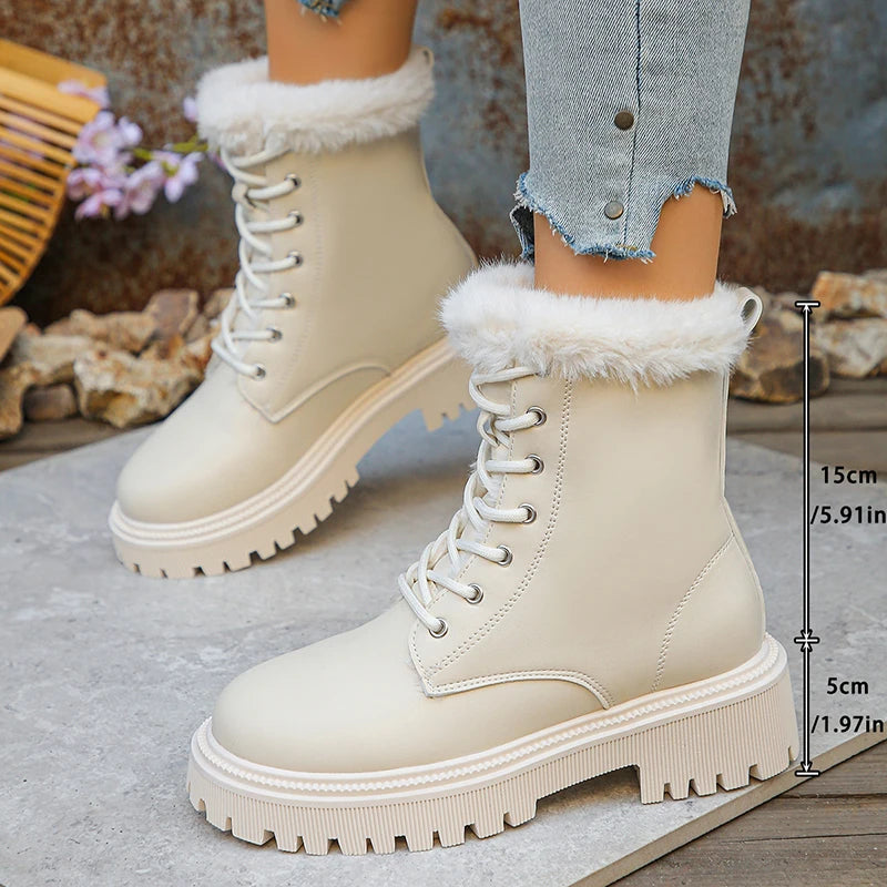 Lace Up Short Plush Ankle Boots for Women Plus Size 42 Fur Platform Winter Boots Woman Thick Sole Pu Leather Combat Botas Mujer