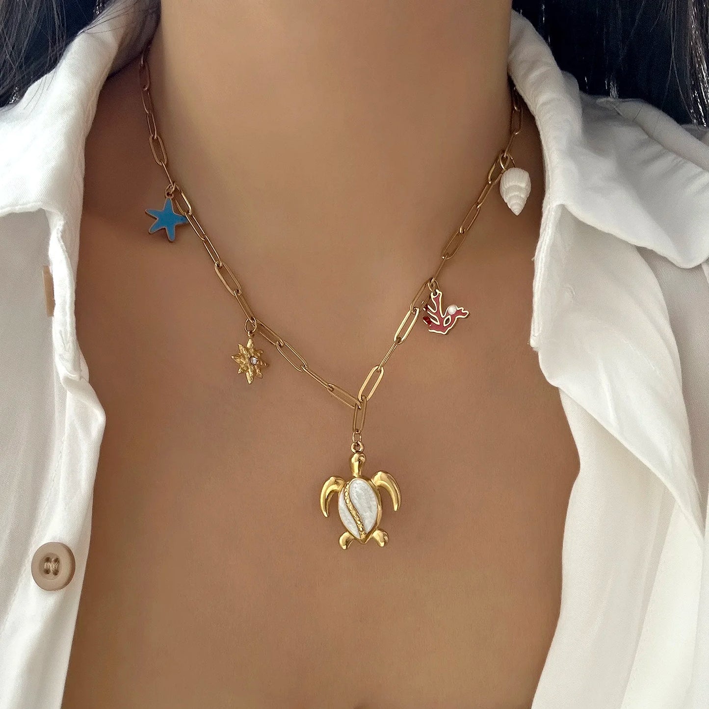 Charming Ceramic Fish Sea Turtle Sun Starfish Pendant Necklace for Women Stainless Steel Gold Color Necklace Beach Party Jewelry