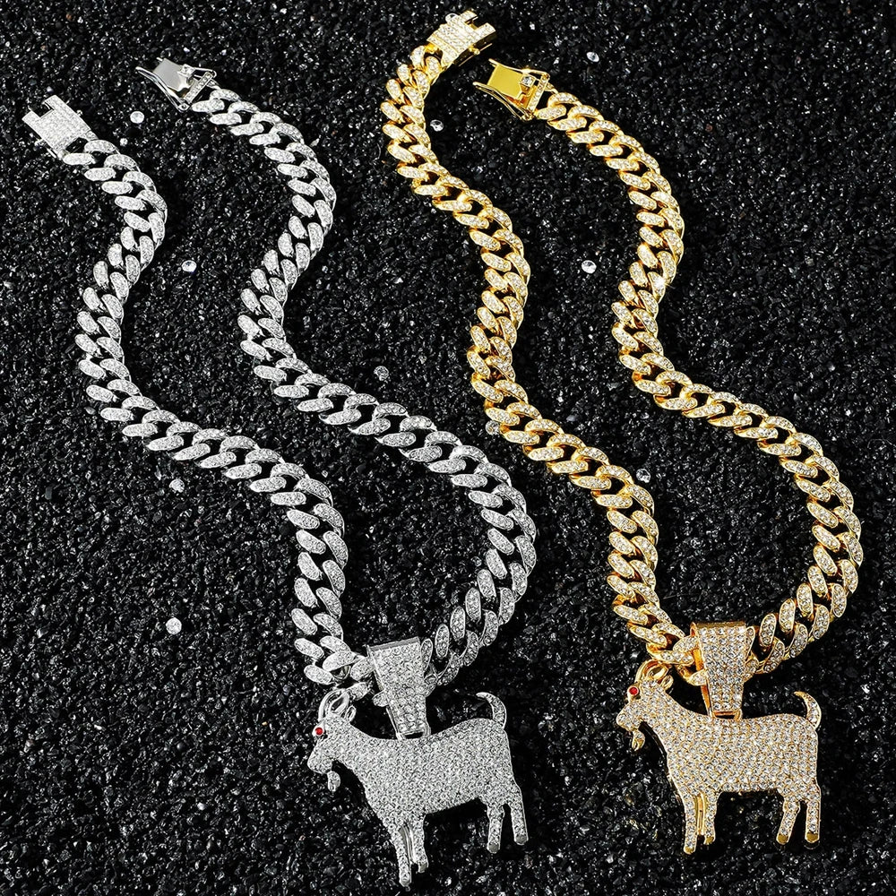Men Hip Hop Fashion Full Rhinestone Animal Goat Pendant Necklace with 13mm Miami Cuban Chain Necklaces Rapper Rock Jewelry Gift