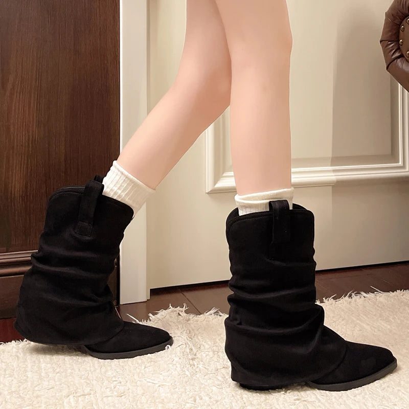 Autumn Winter Faux Suede Mid Calf Boots Women Plus Size Thick Heels Western Boots Woman Slip On Pointed Toe Riding Botas Mujer