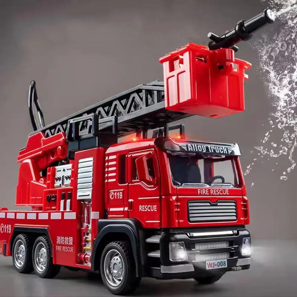 1/32 Ladder Water Fire Truck Model Car Toys Diecast Alloy Engineering Vehicle Doors Opened Sound Light Toy Birthday Gift for Kid