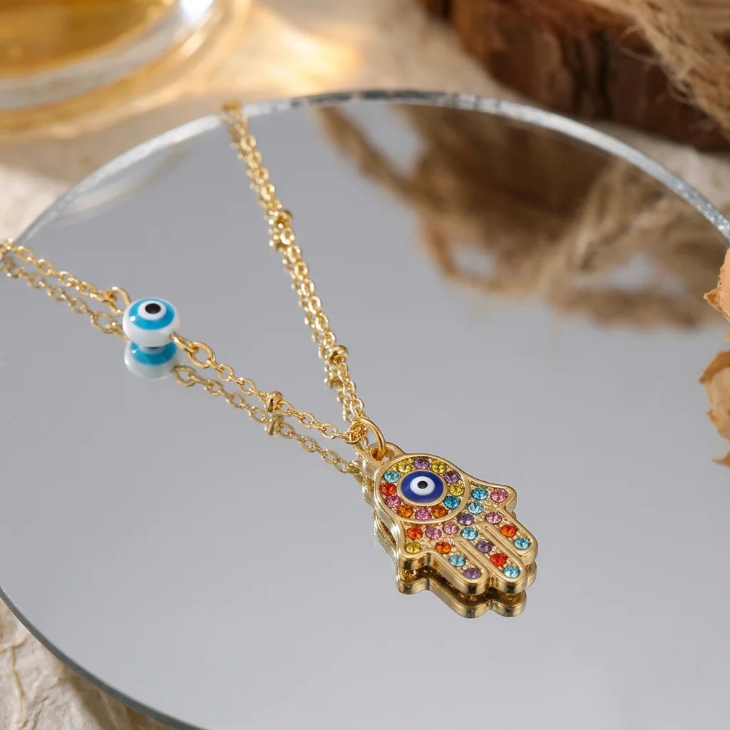 Turkish Hamsa Evil Eye Necklace For Women Stainless Steel Gold Color Fatima Hand Pendant Neckalce Lucky Jewelry Birthday Gift