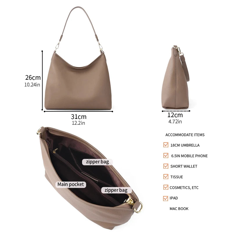 Genuine Cowhide Leather Hobo Shoulder Bag for Women Luxury Designer Pebbled Leather Large Capacity Crossbody Tote Underarm Bag