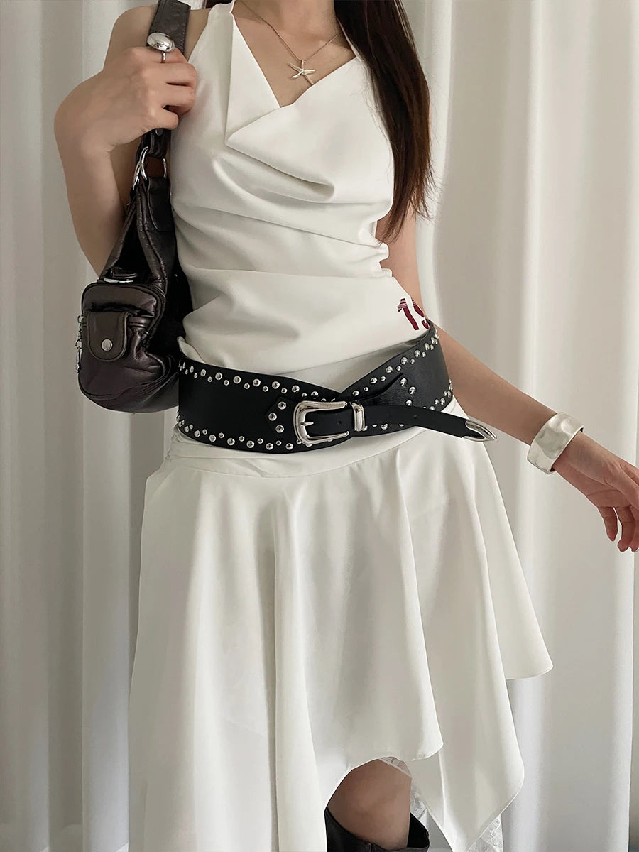 Heavy-Duty Design Sense Rivet Wide Belt For Women Vintage Personality Y2K Waist Cincher Slimming With Skirts Jeans Leather