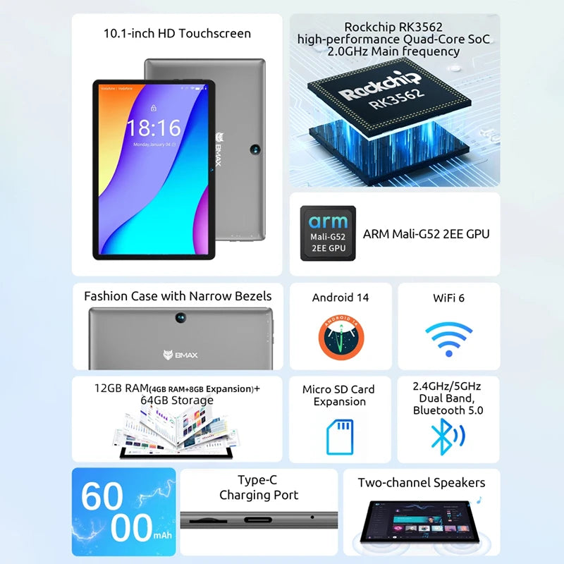 BMAX I9 PLUS 10.1" Android 14 Tablet 12GB RAM (4+8), 64GB ROM IPS HD Touchscreen