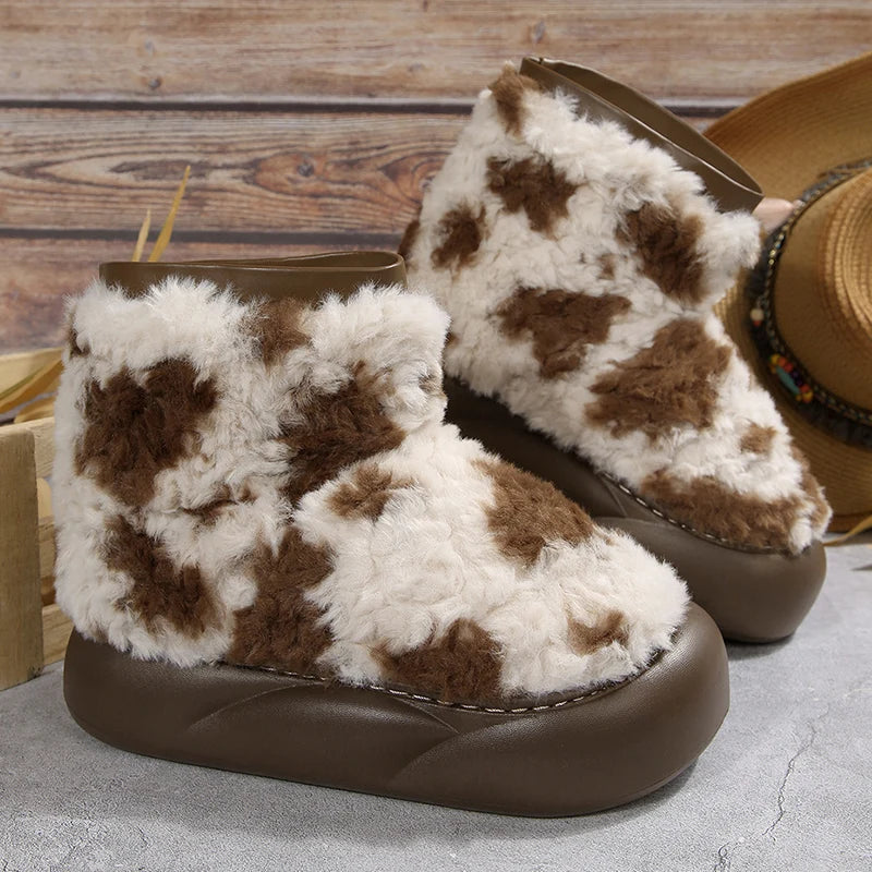 Thick Sole Fluffy Snow Boots Women Vintage Printed Thicken Plush Winter Ankle Boots Woman Non Slip Platform Cotton Padded Shoes