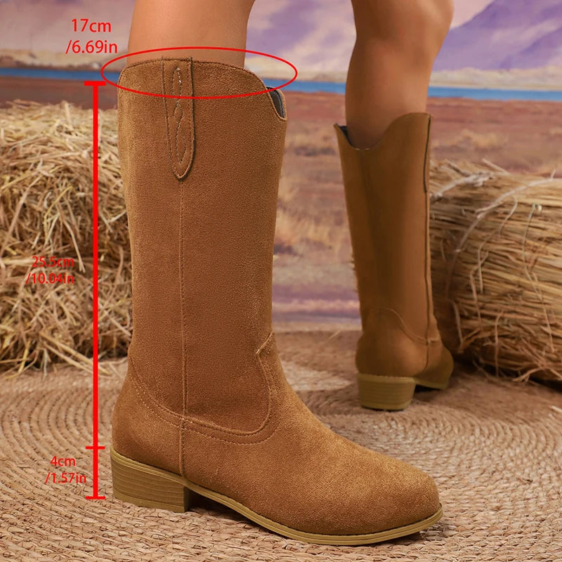 2025 Vintage Embroidery Western Boots Women Plus Size 36-43 Thick Heels Mid Calf Boots Woman Autumn Winter Slip On Cowgirl Botas