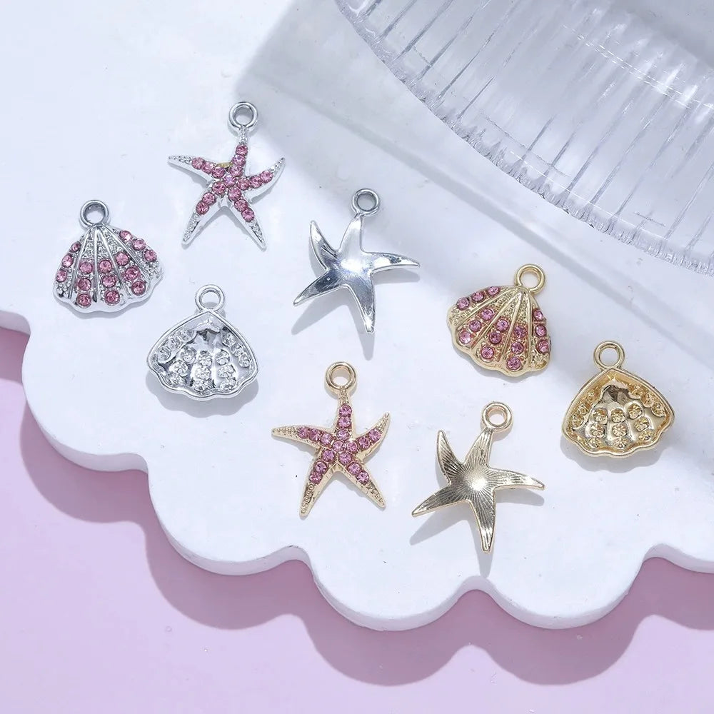 10Pcs Gold Plated Crystal Shell Starfish Charm Pendant for Jewelry Making Bracelet Necklace DIY Accessories Craft Findings
