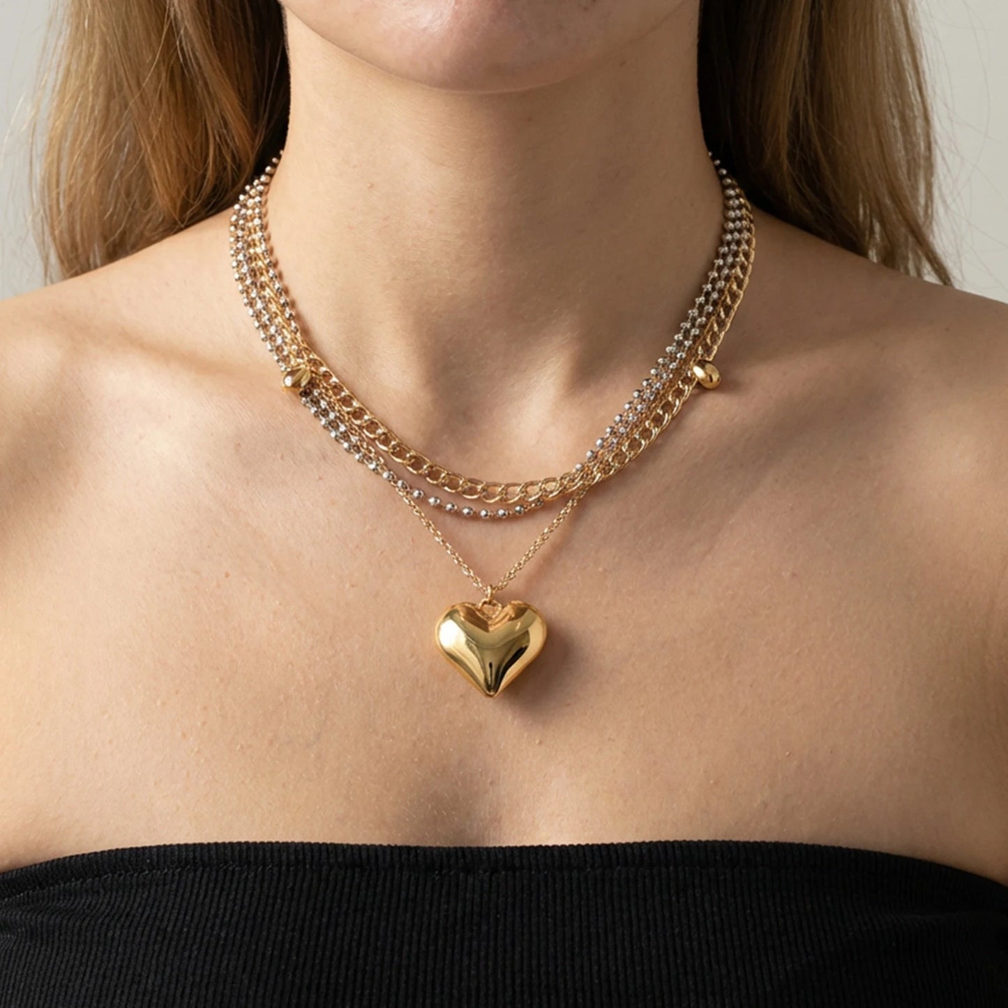 Punk Gold Color Heart Pendant Necklace for Women 2026 Trendy Multi-layer Charm Link Chain Beaded Choker Y2K Jewelry Accessories