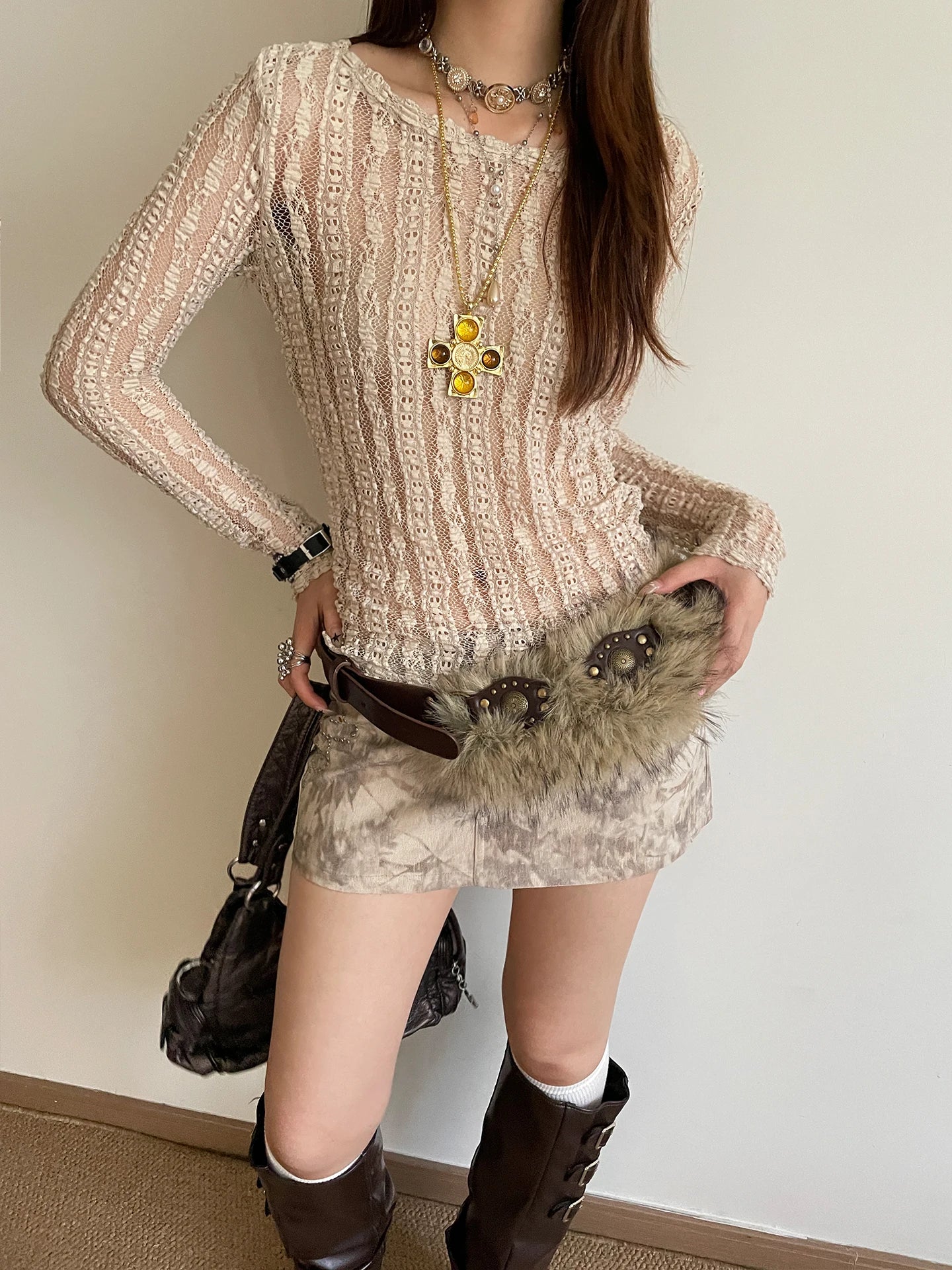 American Y2K Style Girl Punk Style Fluffy Patchwork Rivet Belt Women's Niche Personality Belt Waistcoat