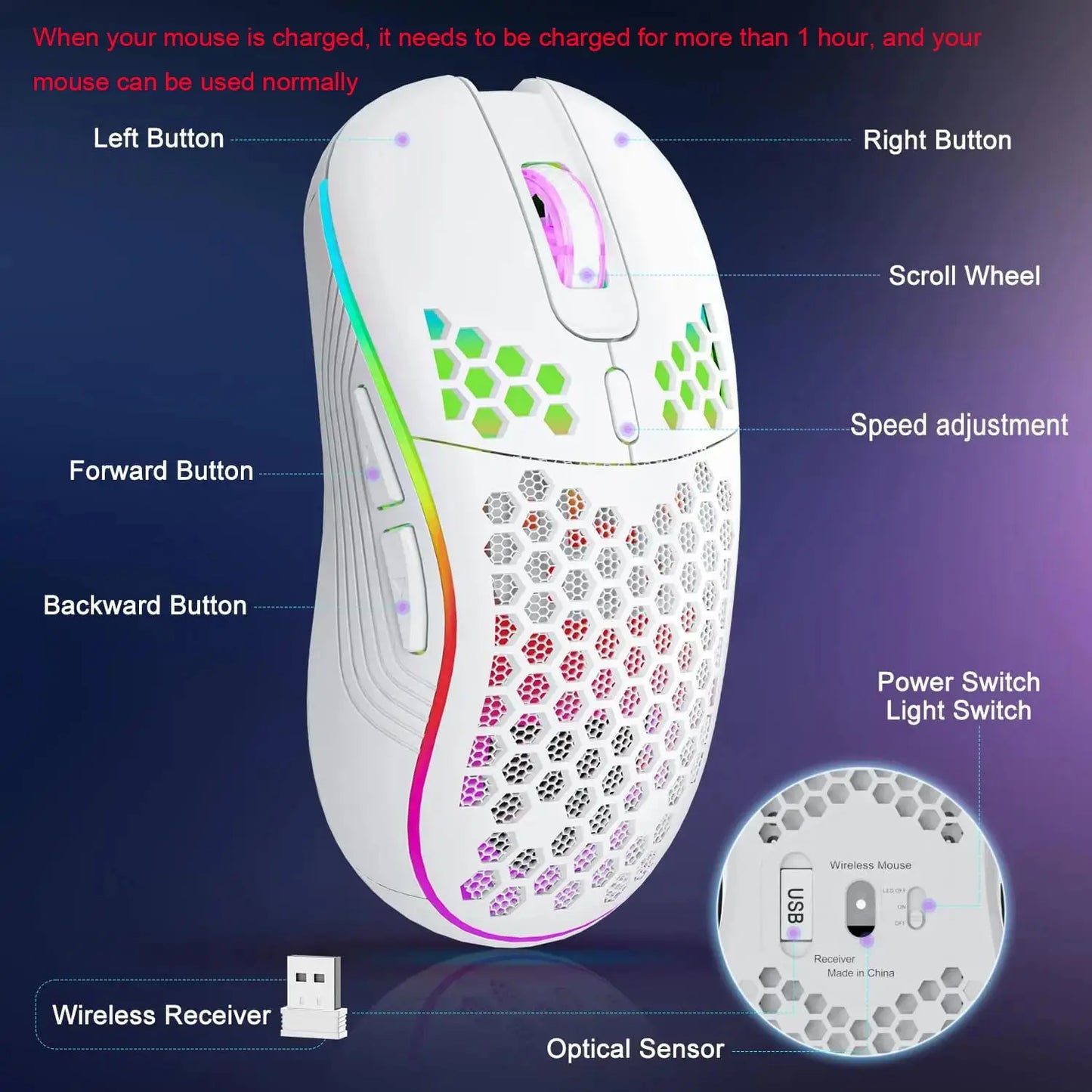 2.4G Wireless RGB Lighting Charging Mouse, Adjust DPI Ergonomic Honeycomb Design