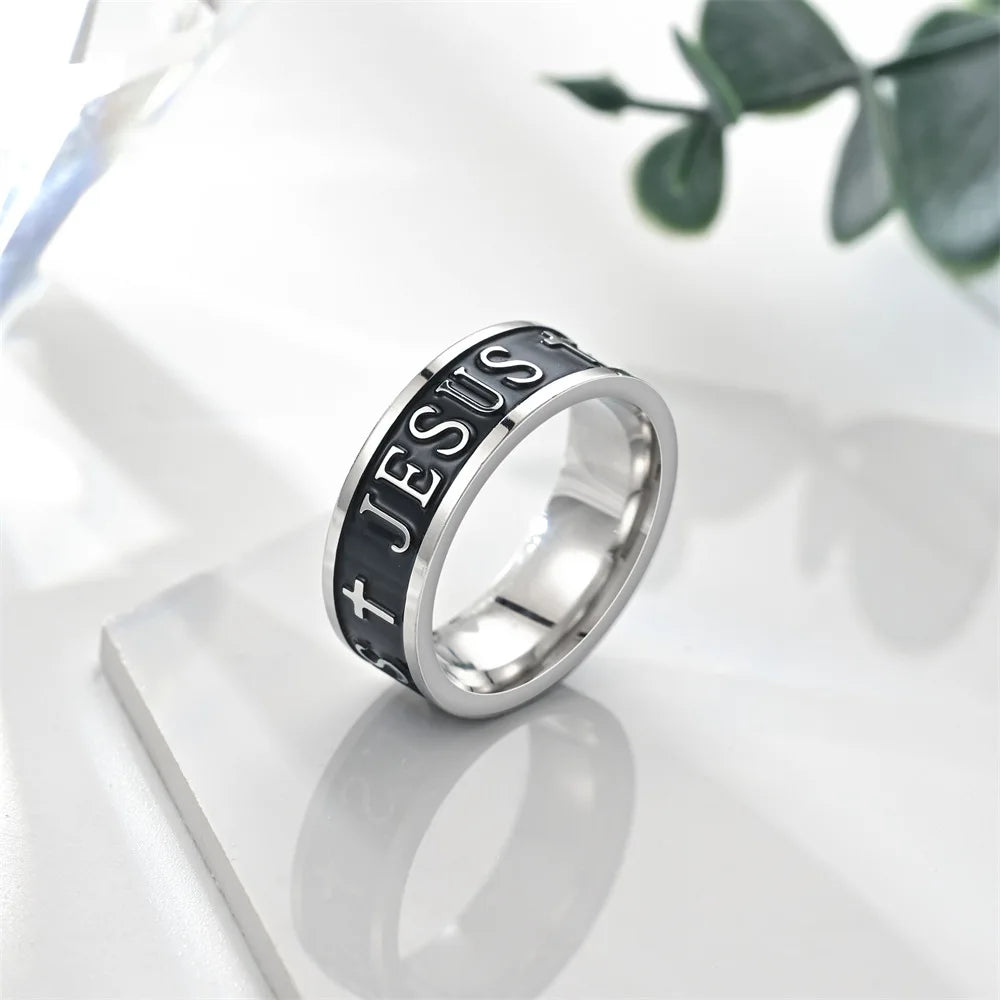 Punk Black Jesus Ring for Men, Never Fade Cross Stainless Steel Signet Ring