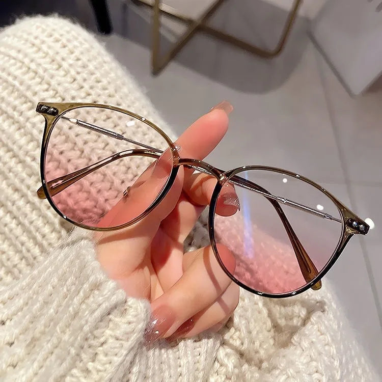 Anti-Blue Light Plain Glasses Ultra-Light Blush Cold Brown Color Korean Anti Radiation Eyeglasses Round Metal Frame