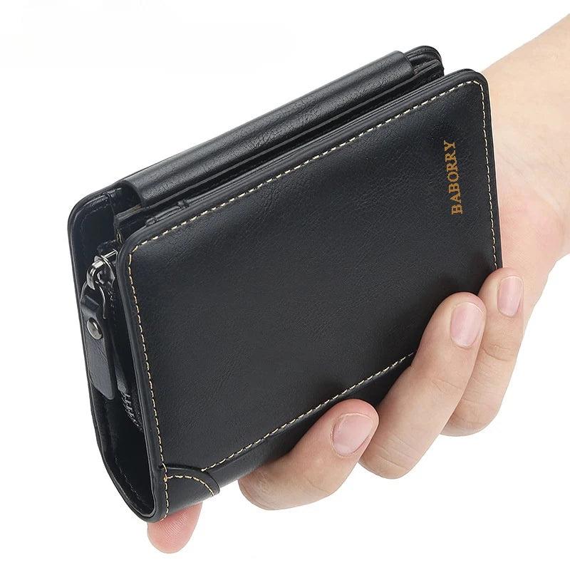 Luxury PU Leather Men's Wallet Zipper Short Vintage Card Holder Large Purse
