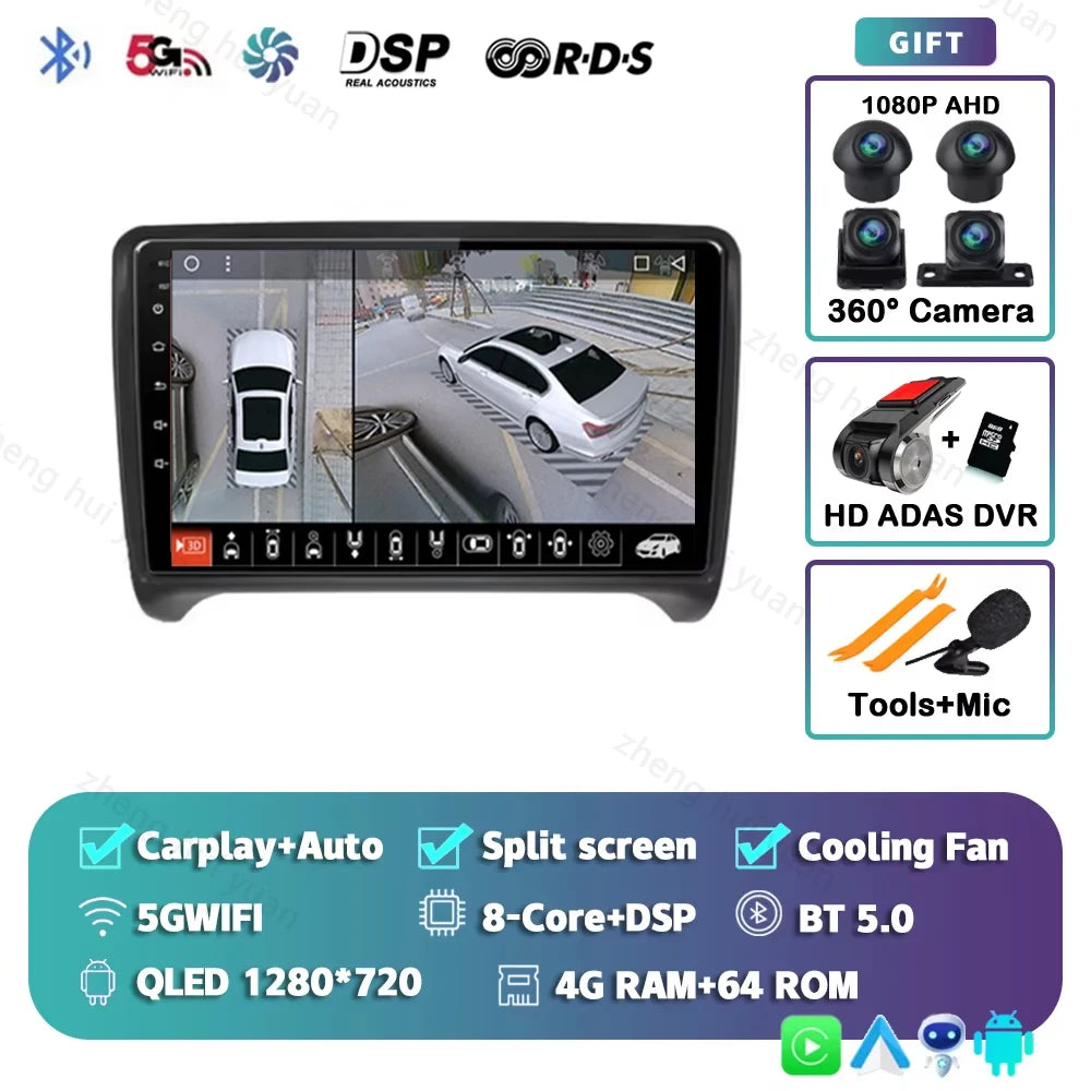 Android 15 WIFI+4G Carplay Car Radio GPS For Audi TT MK2 8J 2006 2007 2008 2009 2010 2011 2012 Car Stereo Multimedia Player DSP