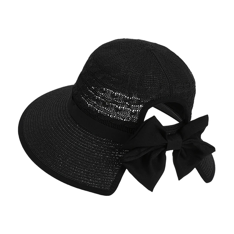 8484Summer hat girls' versatile bow-tied ponytail hole large eaves straw hat, outdoor outing sun hat