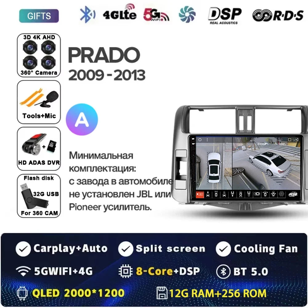Android 15 Car Radio for Toyota Land Cruiser Prado 150 2009-2013 with GPS Navigation QLED Carplay Auto Multimedia Stereo BT