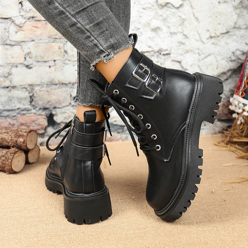 Metal Buckle Platform Motorcycle Boots Woman Plus Size 42 Black Pu Leather Ankle Boots Woman Thick Sole Lace Up Short Booties