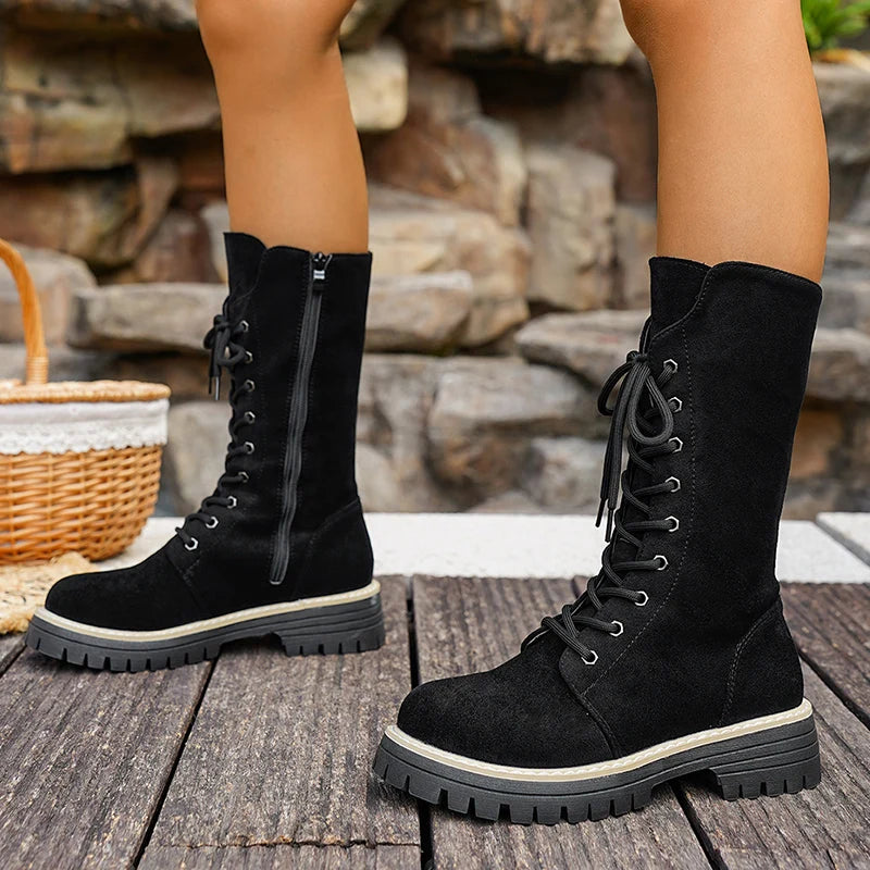 Plus Size 43 Flock Platform Mid Calf Boots Women Fashion Lace Up Thick Sole Riding Boots Woman Side Zipper Autumn Winter Botas
