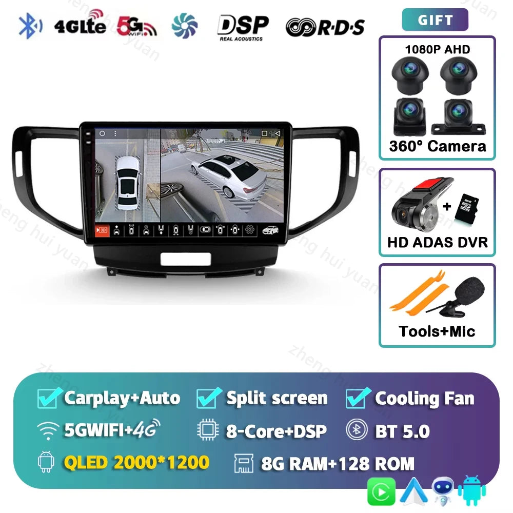 Android 14 For Honda Accord 8 2008 - 2012 CarPlay Auto 2K QLED Car Radio Multimedia Video Player GPS stereo Head Unit 4G WIFI
