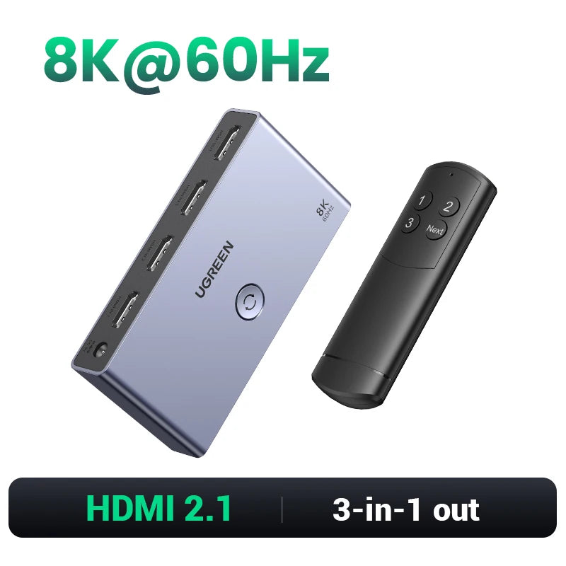 HDMI 2.1 Switcher 8K 60Hz 4K120Hz HDMI-compatible Switch 3in1 Out Remote Control