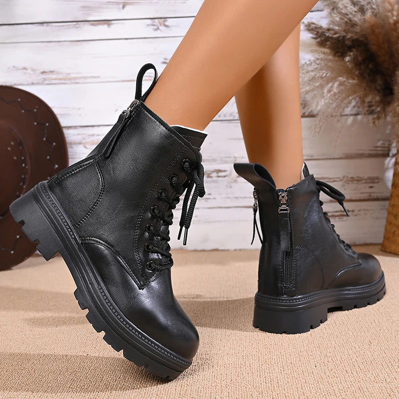 Autumn Winter Thick Plush Ankle Boots Women Fashion Double Zip Platform Motorcycle Boots Woman Non Slip Pu Leather Cotton Botas