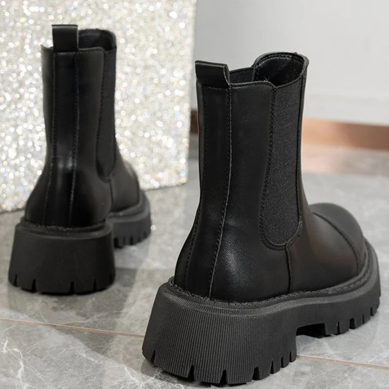 British Black Round Toe Ankle Boots for Women Autumn Winter Fashion Pu Leather Boots Woman Non-Slip Thick Platform Shoes Female