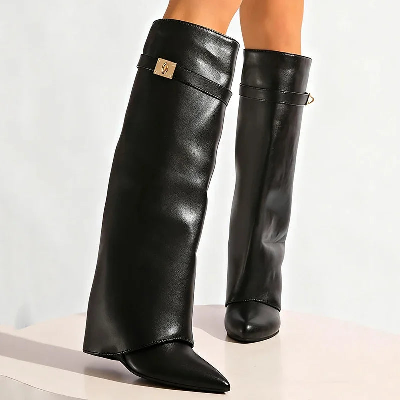 Black Pu Leather Knee High Boots Women Sexy Pointed Toe Straight Leg Boots Woman Punk Style Wedge High Heels Long Botas Mujer