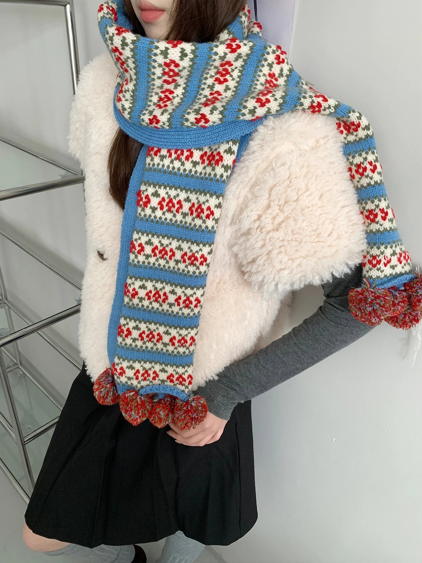 Retro Fair Lsle Christmas Jacquard Knit Scarf For Women Winter Aura Warmth Cold-Proof Neck Warmer