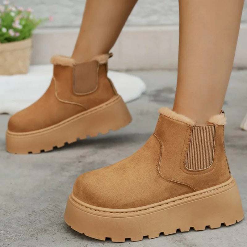 British Style Solid Color Platform Snow Boots Women Winter Soft Short Plush Warm Ankle Boots Woman Faux Suede Booties Female