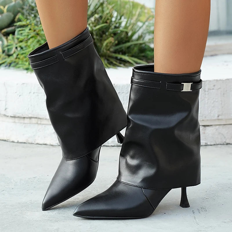 Luxury Black Thin High Heels Ankle Boots Women Sexy Pointed Toe Black Pu Leather Boots Woman Slip On Fashion Short Booties 43