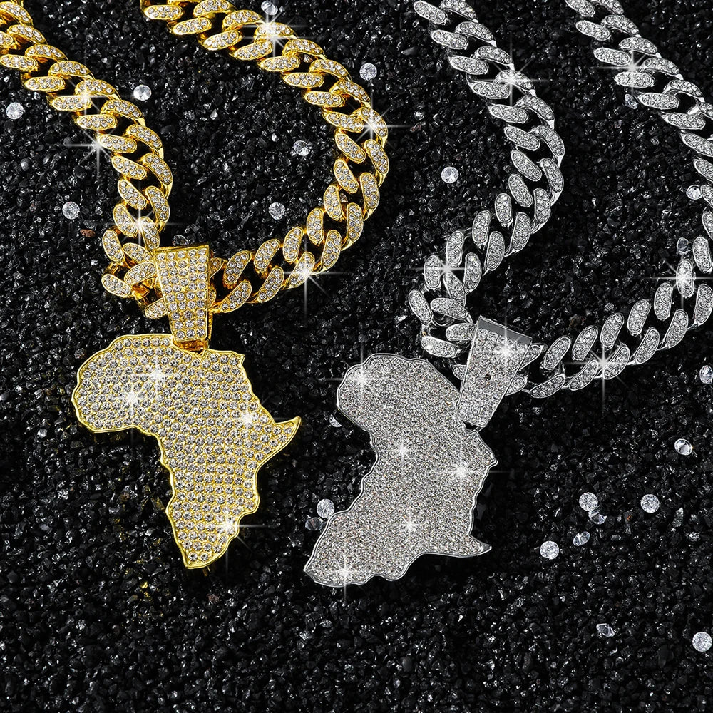 Men Women Hip Hop Africa Map Pendant With 13mm Rhinestones Miami Cuban Chain HipHop Iced Out Bling Necklaces Fashion Jewelry