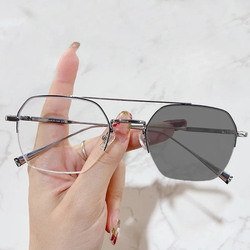 Photochromic Anti Radiation Half Frame Glasses for Women Men Transition Rectangle Eyeglasses Computer Anti Blue Eyewear