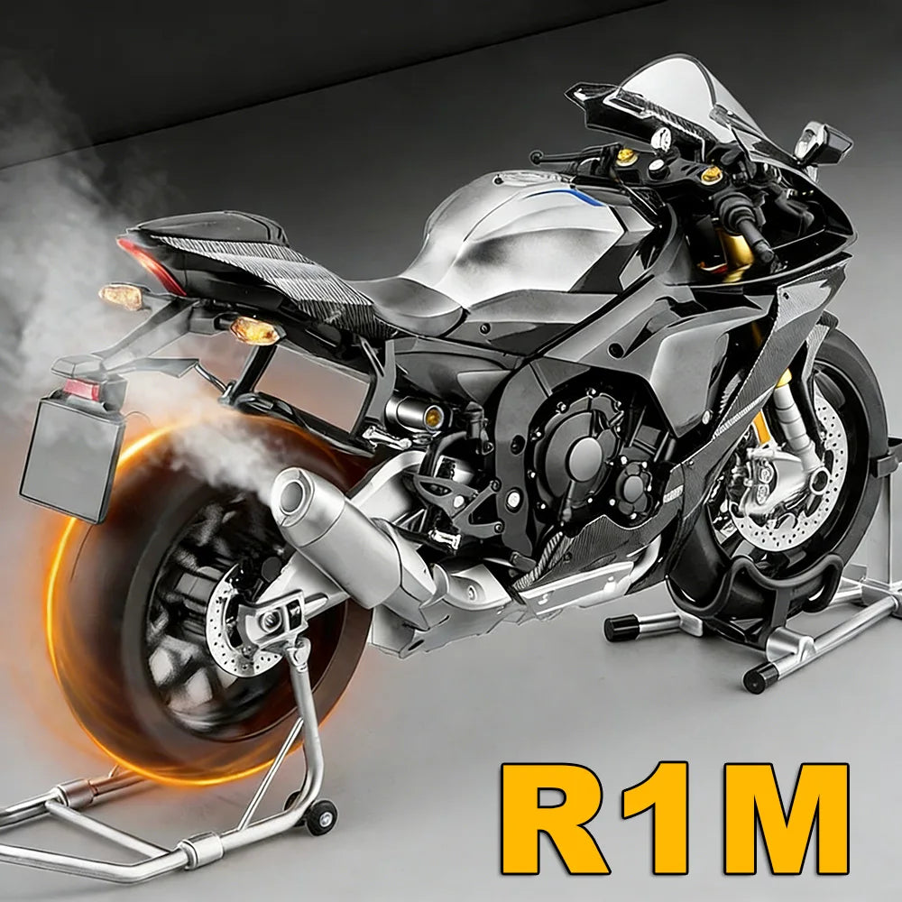 1:6 R1M Alloy Spray Motorcycle Diecast Toy Car Model with Light Wheel Damping Front Wheels Steerable Motorbike Boy Birthday Gift